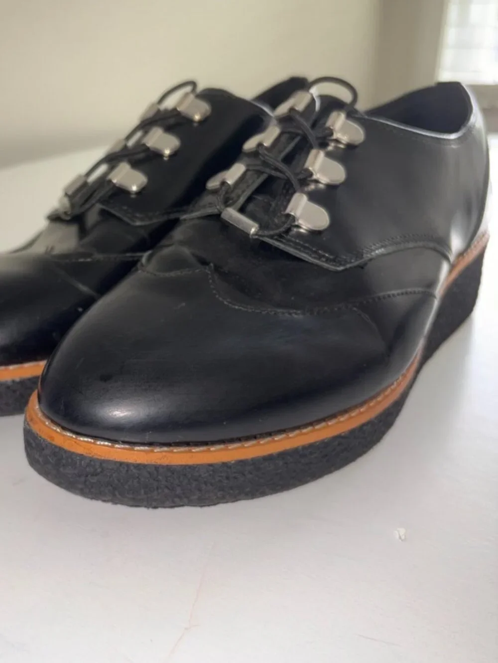 Women's Rebecca Minkoff Polly Platform Oxfords Black Leather Silver Clasps 9
